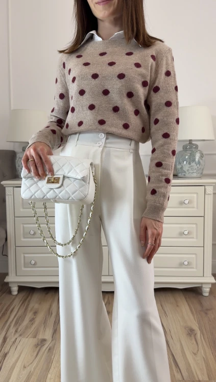 klasyczny sweter z wełny merino w grochy, beżowy
