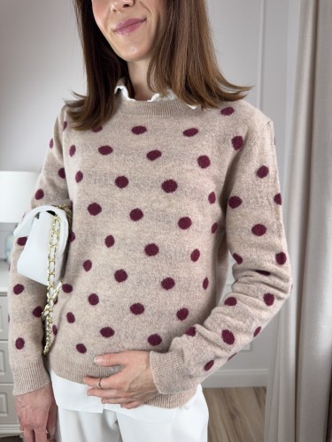 klasyczny sweter z wełny merino w grochy, beżowy