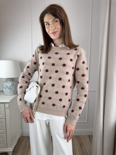 klasyczny sweter z wełny merino w grochy, beżowy