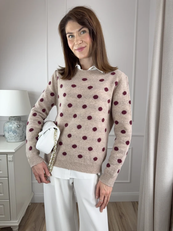 klasyczny sweter z wełny merino w grochy, beżowy