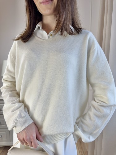 Sweter Liv śmietankowy 100% wełna merino, dekolt V-neck
