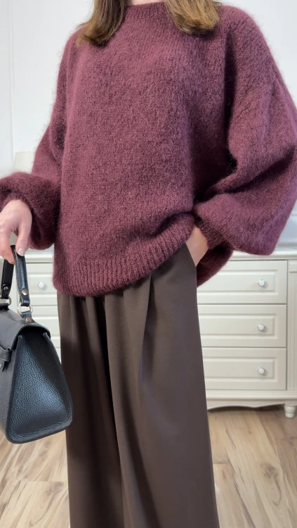 Sweter Mela burgundowy damski oversize z bufiastymi rękawami