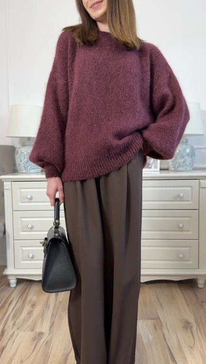 Sweter Mela burgundowy damski oversize z bufiastymi rękawami