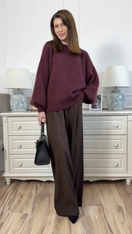 Sweter Mela burgundowy damski oversize z bufiastymi rękawami