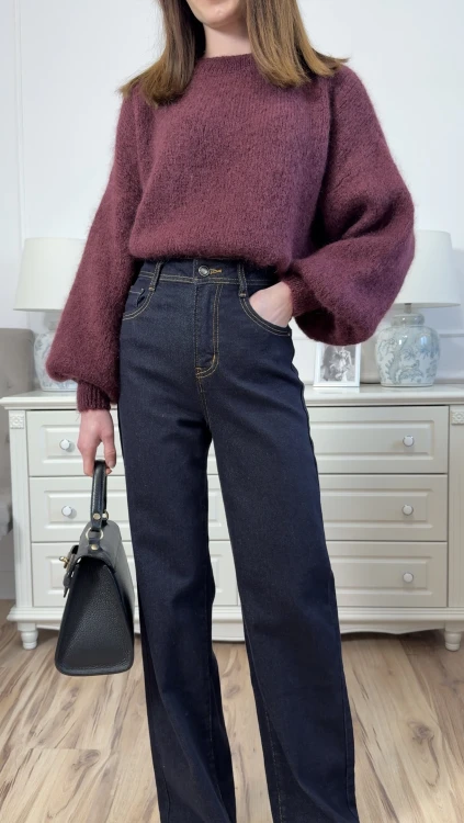 Sweter Mela burgundowy damski oversize z bufiastymi rękawami