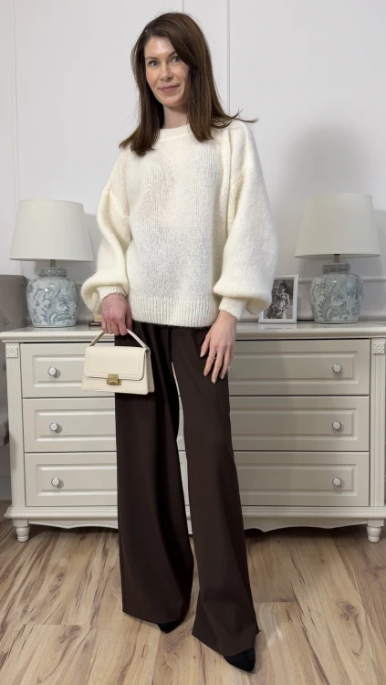 Sweter Mela śmietankowy damski oversize z bufiastymi rękawami
